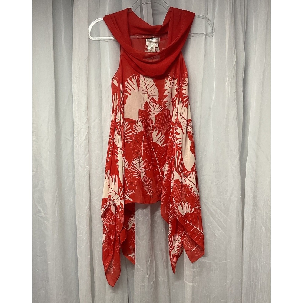 Max Studio orange White Tropical Leaf Cowl Neck Handkerchief Hem Top Small Y2K